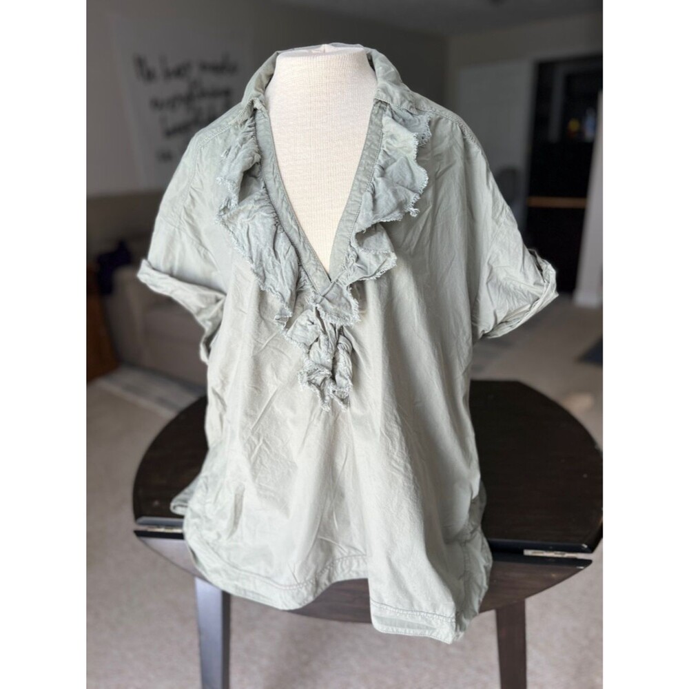 Pilcro Anthropologie Reworked XL Ruffle tunic high low cottagecore boho sage